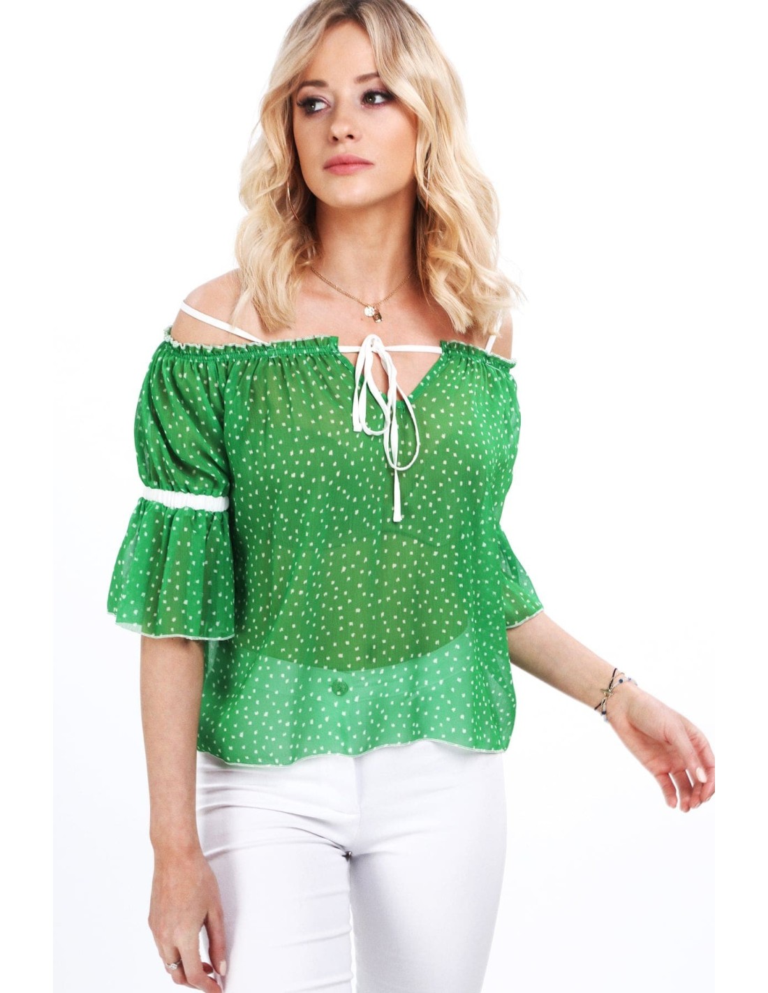 Grüne Bluse mit nackten Schultern MP28855 – Online-Shop – Boutique